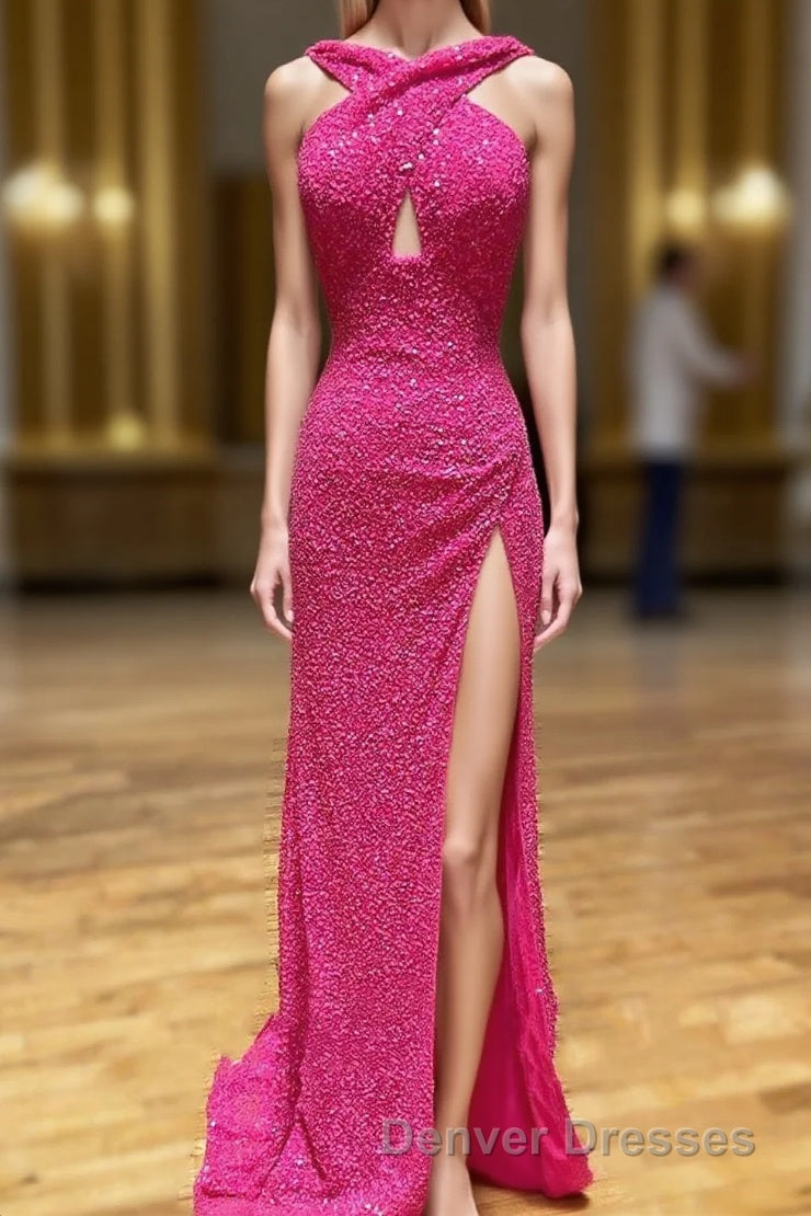 Cross Front Hot Pink Sequins Mermaid Long Formal Dress Main image