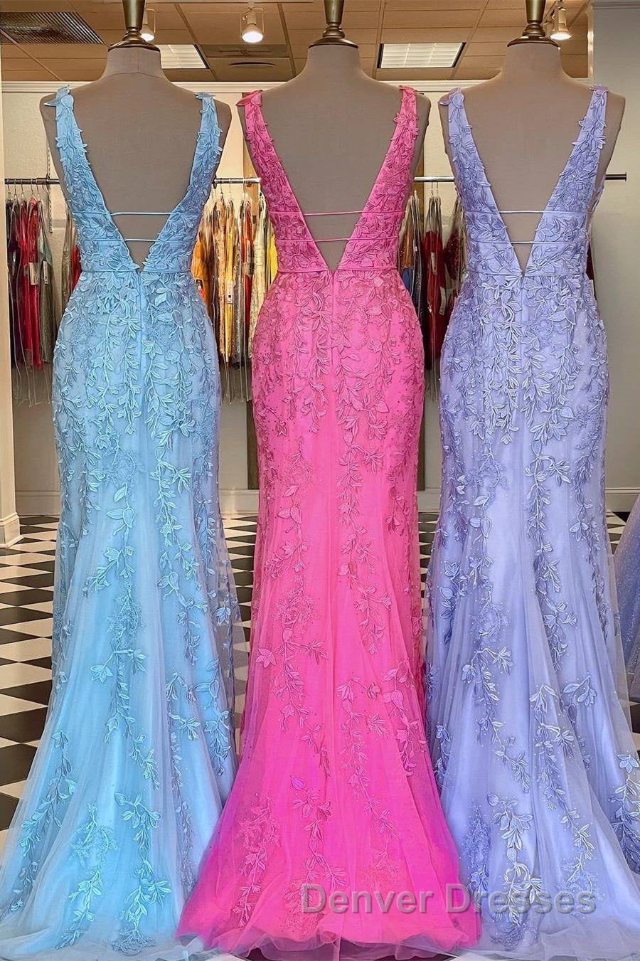 Plunge V Neck Lace Appliques Long Prom Dress Secondary image
