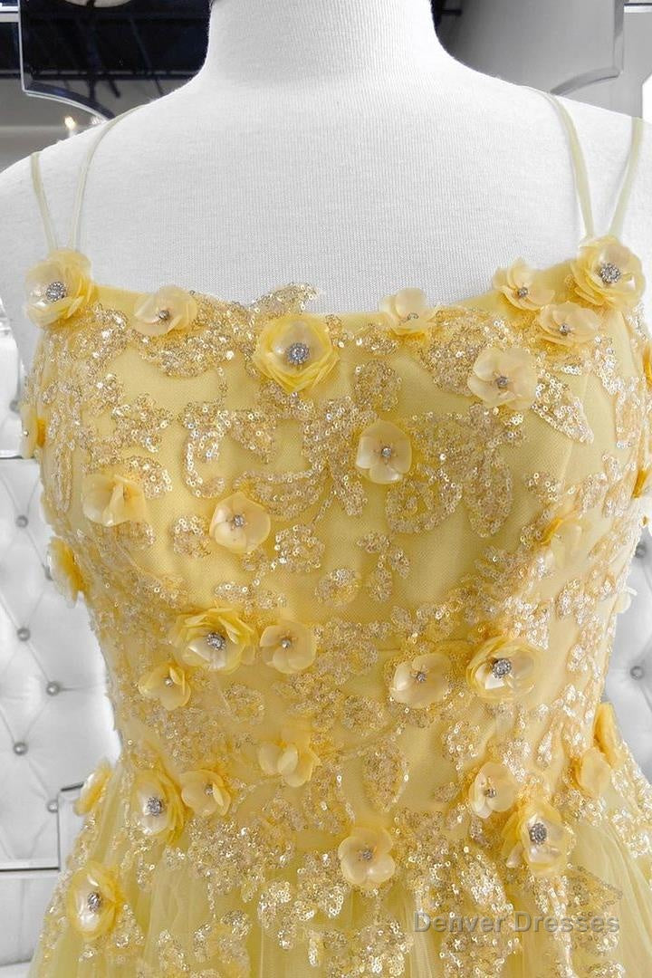Princess Yellow A-line Sequins and Floral Long Prom Gown Secondary image