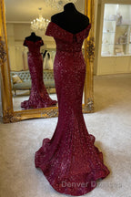 Off the Shoulder Burgundy Sequins Mermaid Long Formal Dress