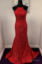 Halter Mermaid Red Sequins Long Dress