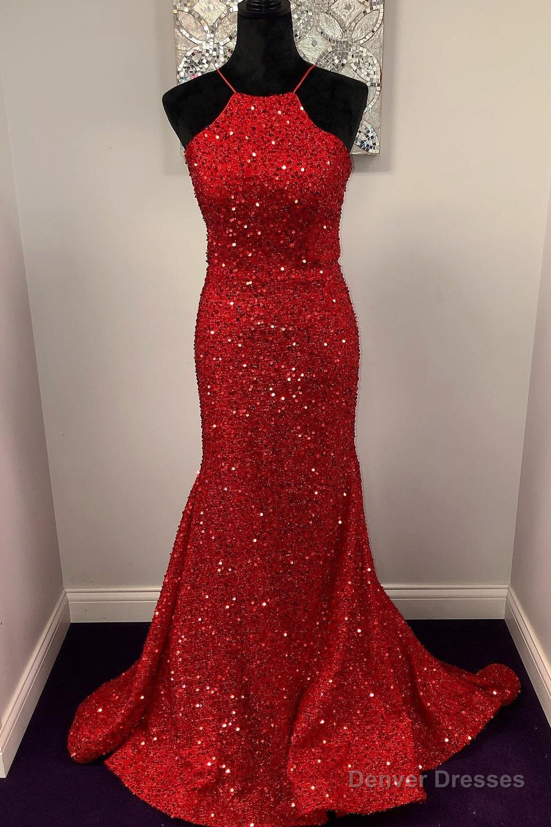Halter Mermaid Red Sequins Long Dress