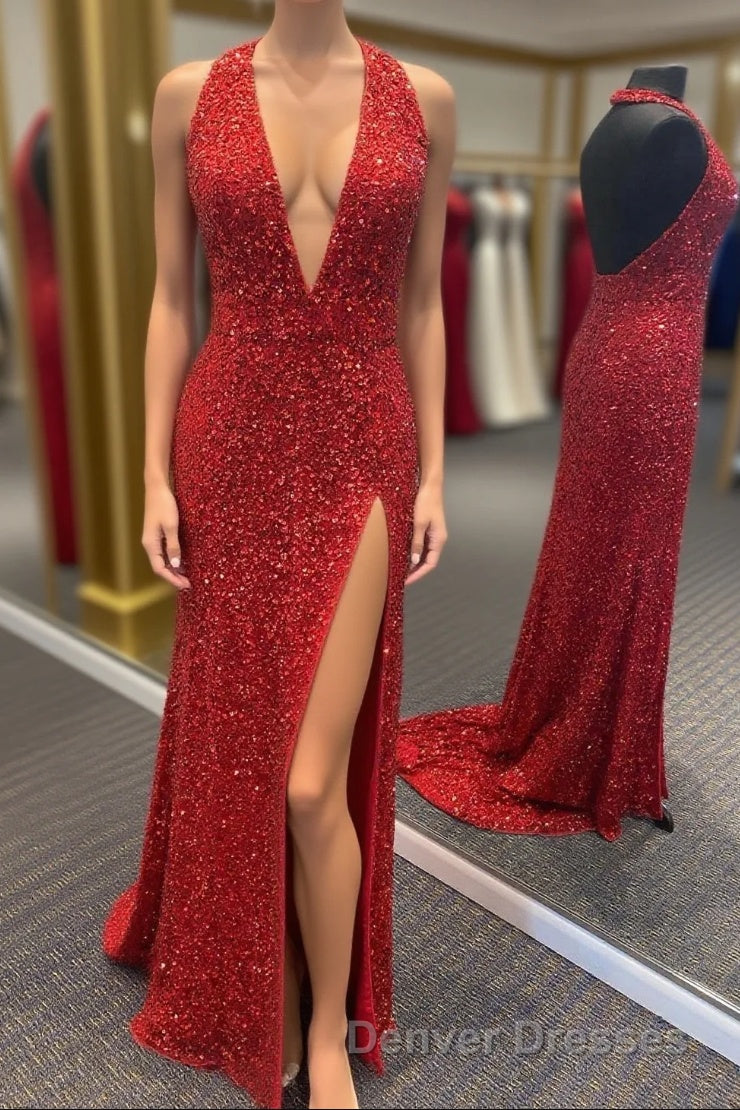 Simply Red Sequin Mermaid Long Prom Dress with Slit