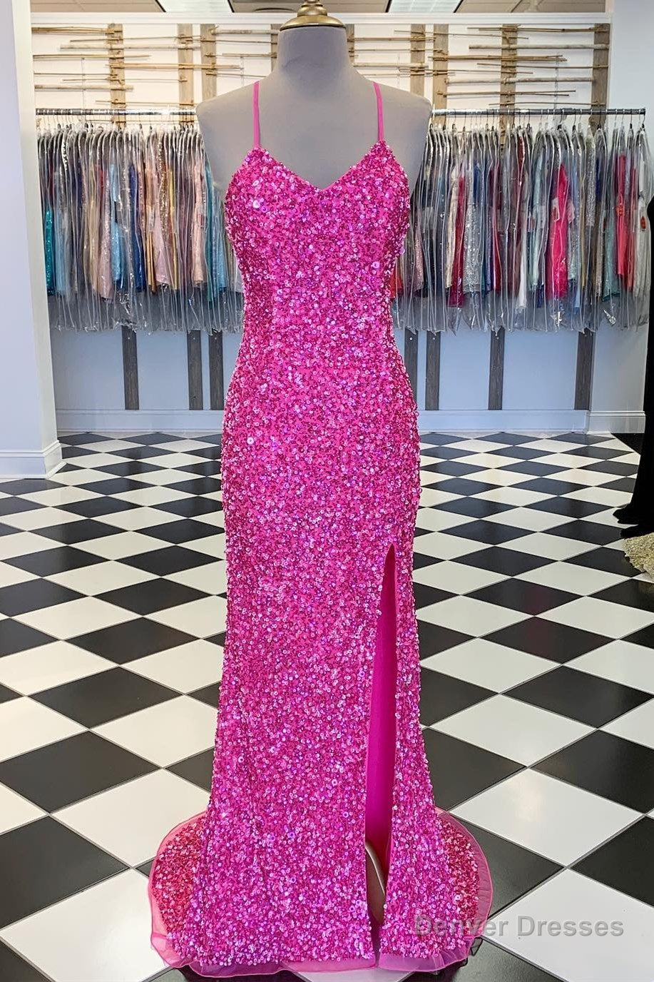 Spaghetti Straps Pink Sequin Mermaid Long Dress Main image