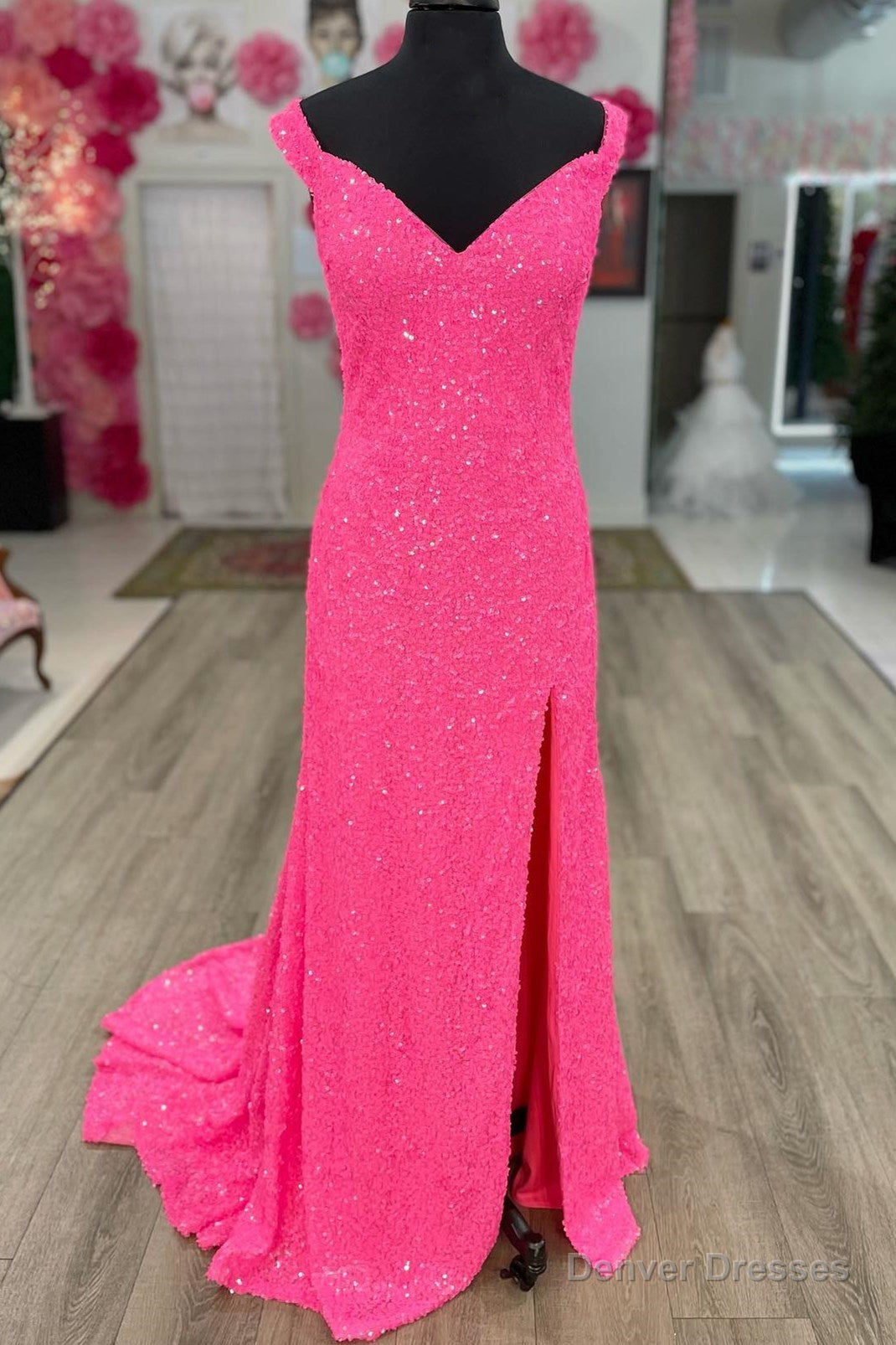 Modest Hot Pink Sequin Mermaid Side Slit Formal Dress Main image