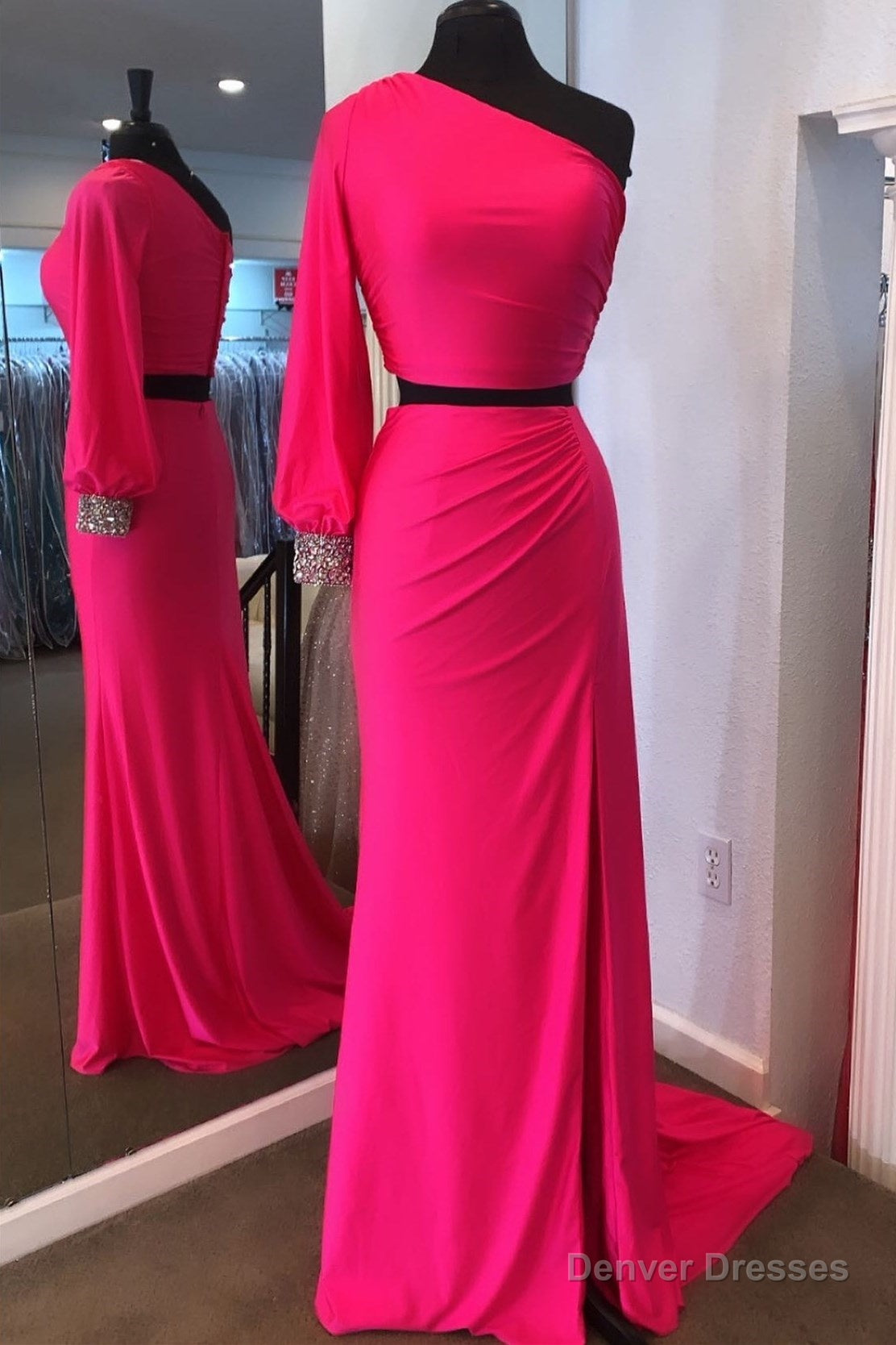 Two Piece Neon Pink One Sleeve Formal Dress Main image