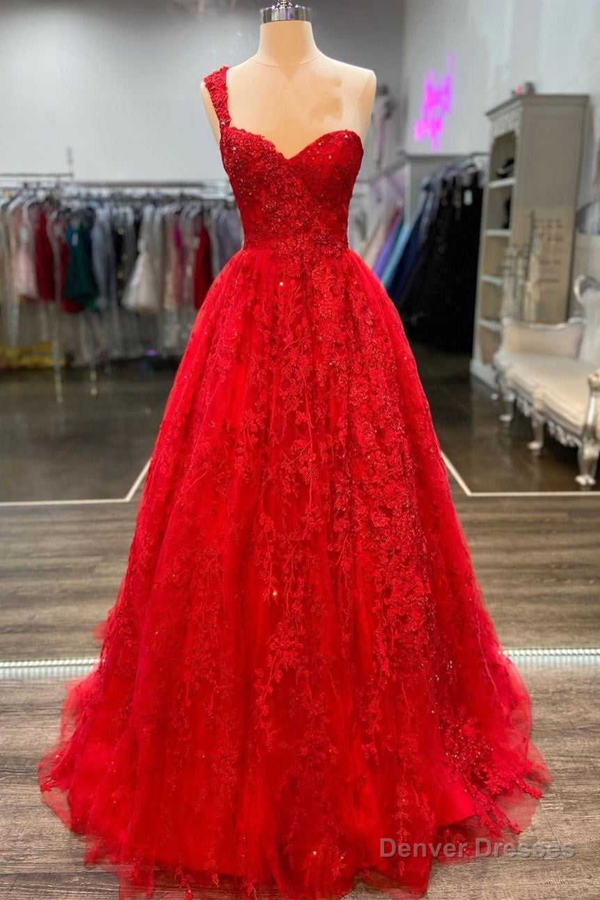 One Shoulder Red A-line Appliques Tulle Formal Gown Main image