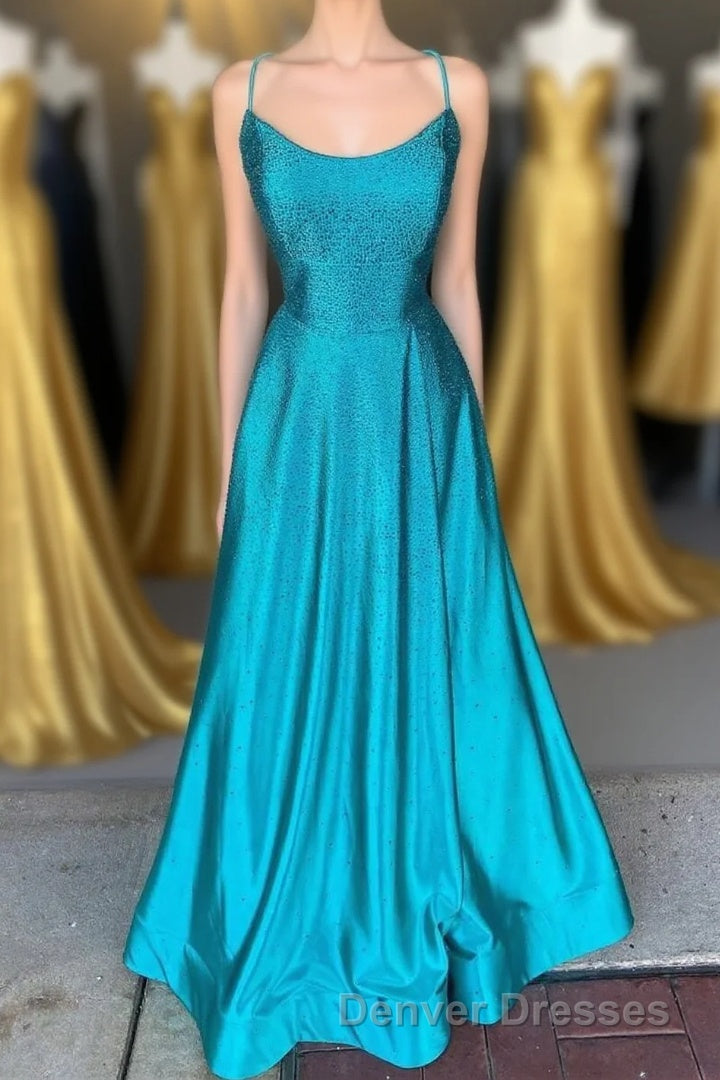 Spaghetti Straps Beaded Teal Blue A-line Long Formal Dress Main image