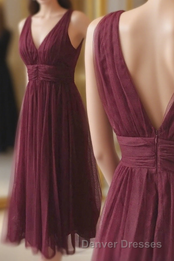 V-neck Sleeveless Tulle Mid length Prom Dress, Homecoming Dress