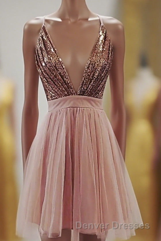Deep V-neck Spaghetti Straps Sleeveless Sequins Short Prom Dress, Homecoming Dress Main image