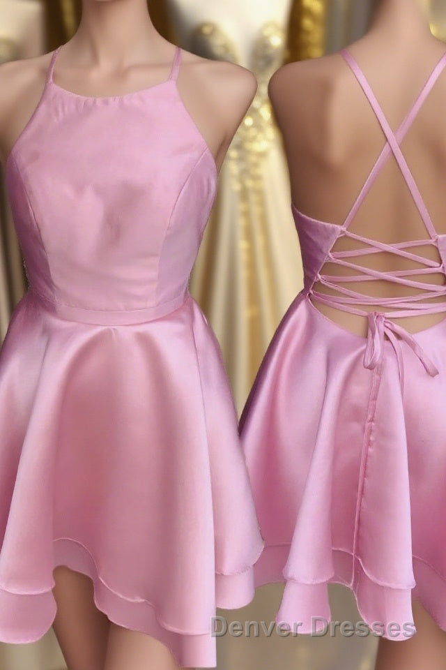 Candy Pink Spaghetti Straps Sleeveless Stain Short Prom Dress, Homecoming Dress Main image