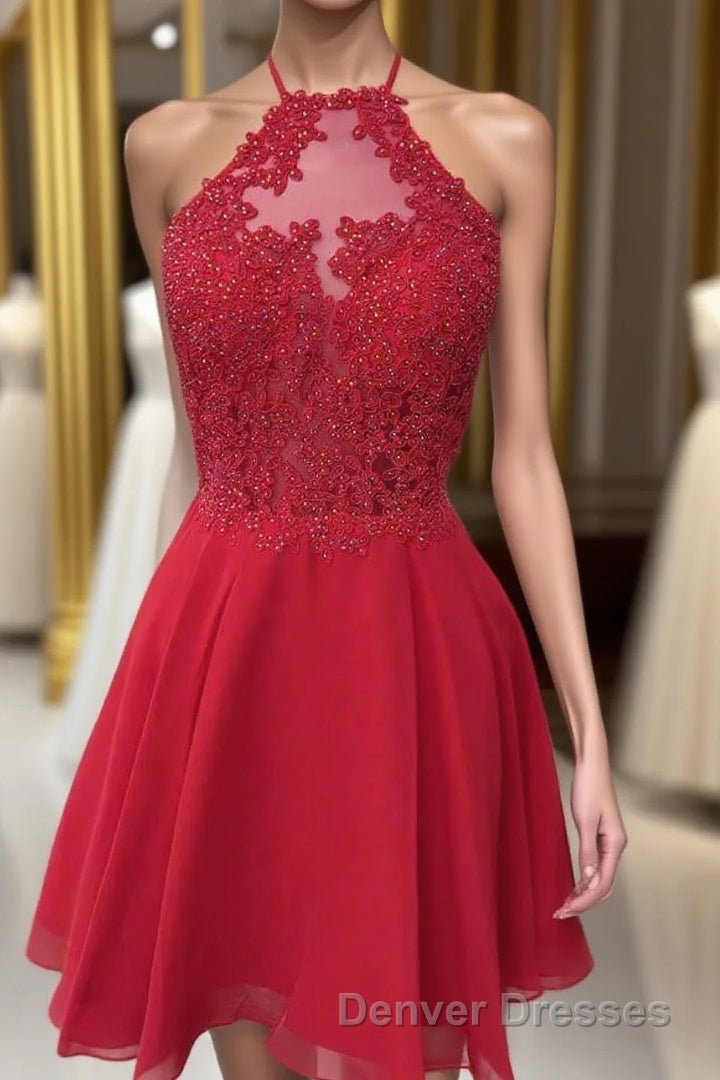 Halter Red Chiffon Appliques Beading Short Homecoming Dress Main image