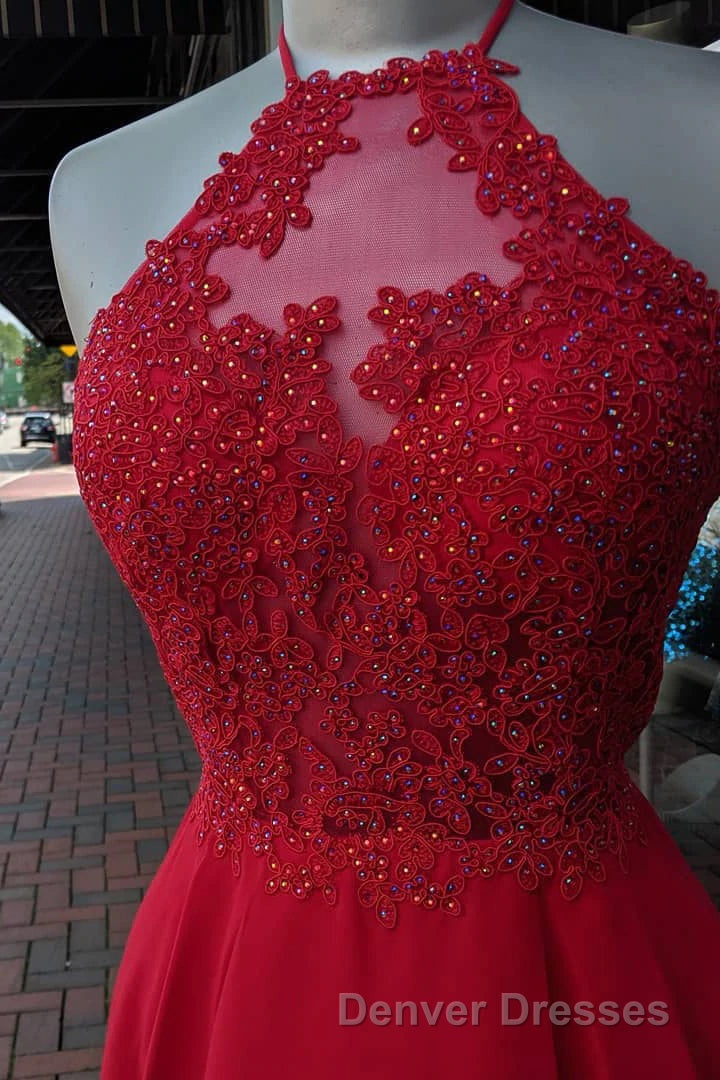 Halter Red Chiffon Appliques Beading Short Homecoming Dress