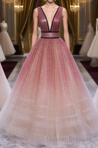 Glitter A-Line V Neck Tulle Long Prom Dress Tulle Long Formal Party Dress