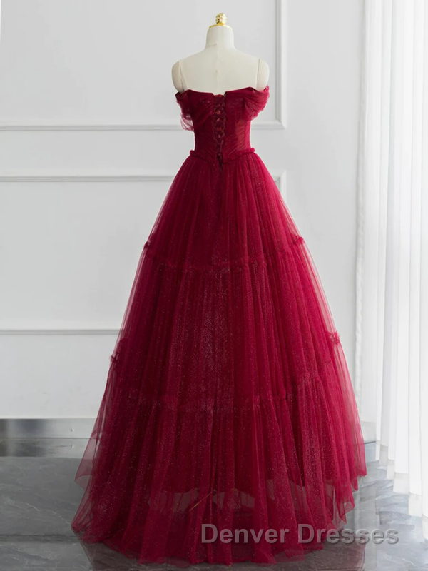 Burgundy A-line Off Shoulder Tulle Shiny Long Prom Dress Secondary image