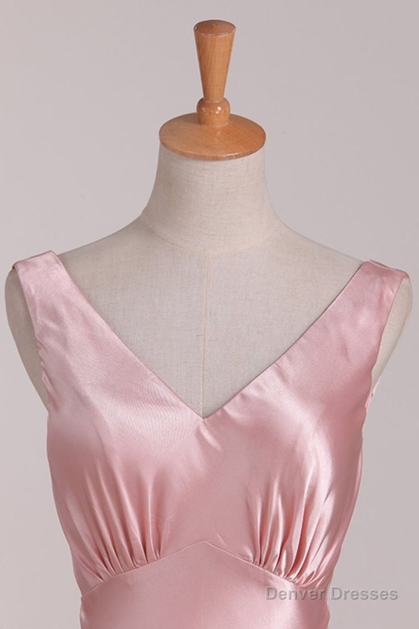 Pink V Neck Satin Backless Long Party Dress Bridesmaid Dress