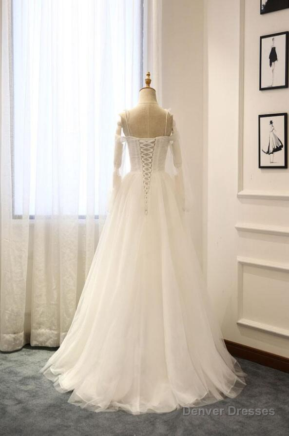 White A-Line Straps Long Sleeves Tulle Long Wedding Dresses