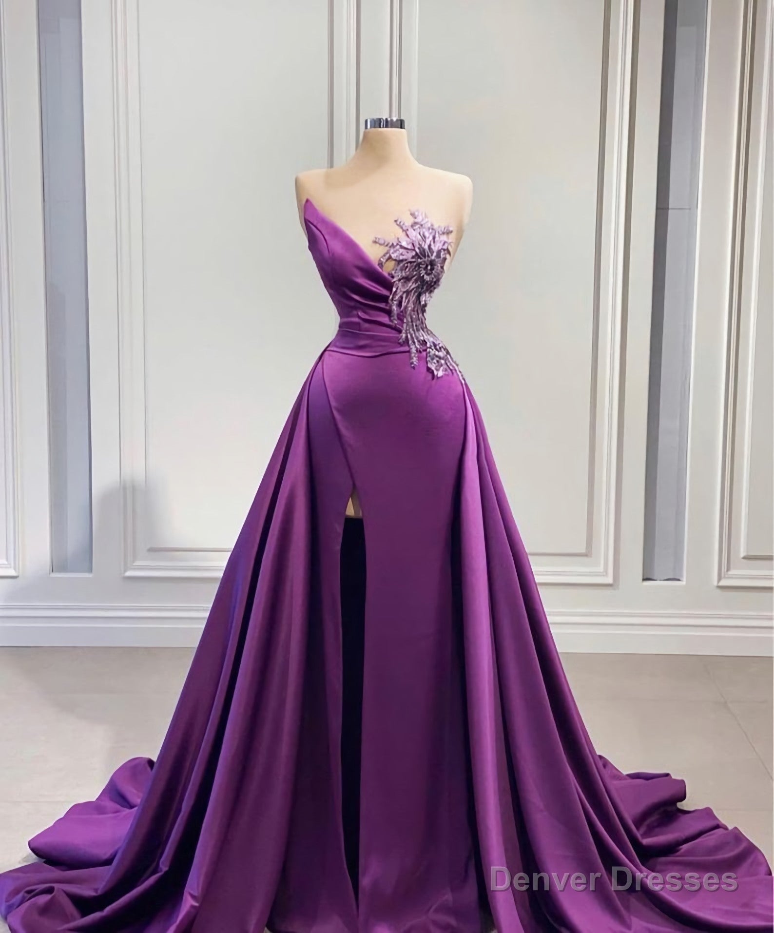 Purple Mermaid Dress With High Slit Detachable Train Wedding Reception Dress, Satin Lace Wedding Dress, African Prom Dress, Evening Dress Main image
