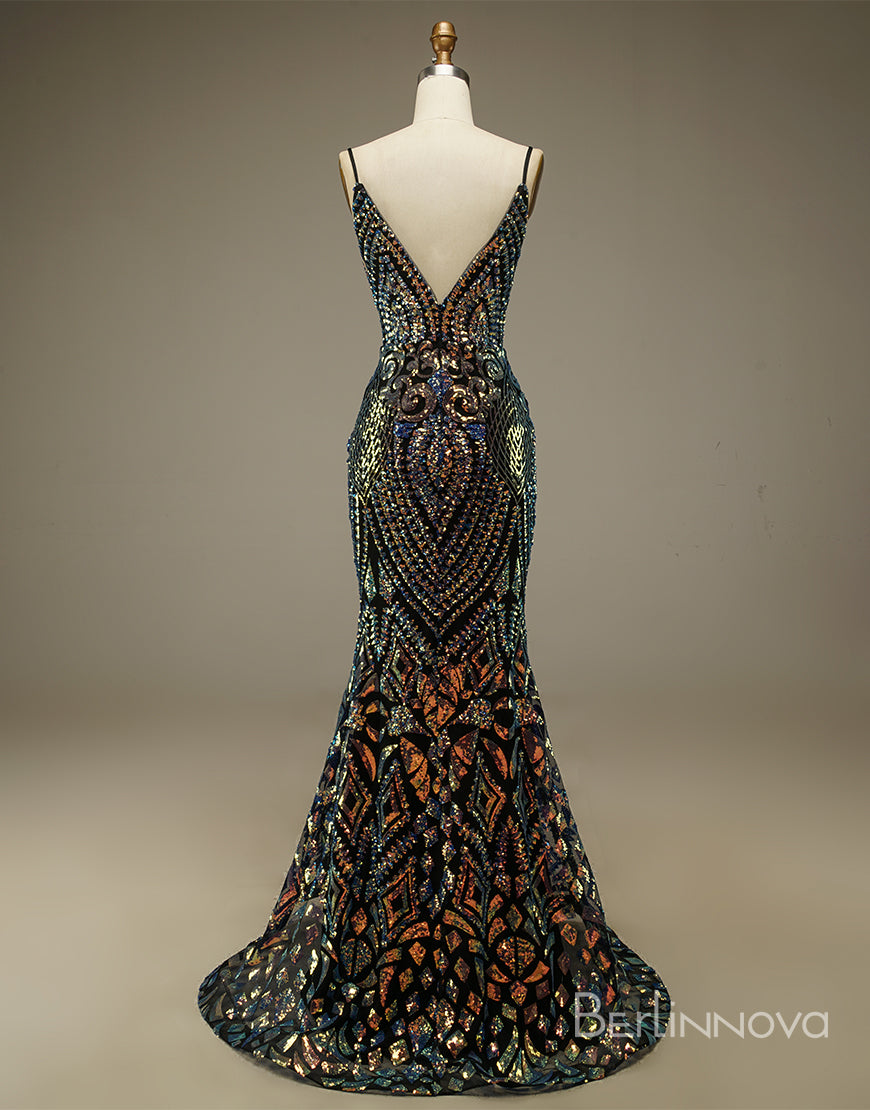 Mermaid Glitter Spaghetti Straps V Neck Long Prom Dress Main image