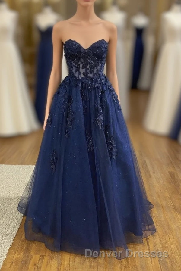 Dark Navy Long A-line Tulle Lace Backless Formal Prom Dress Main image