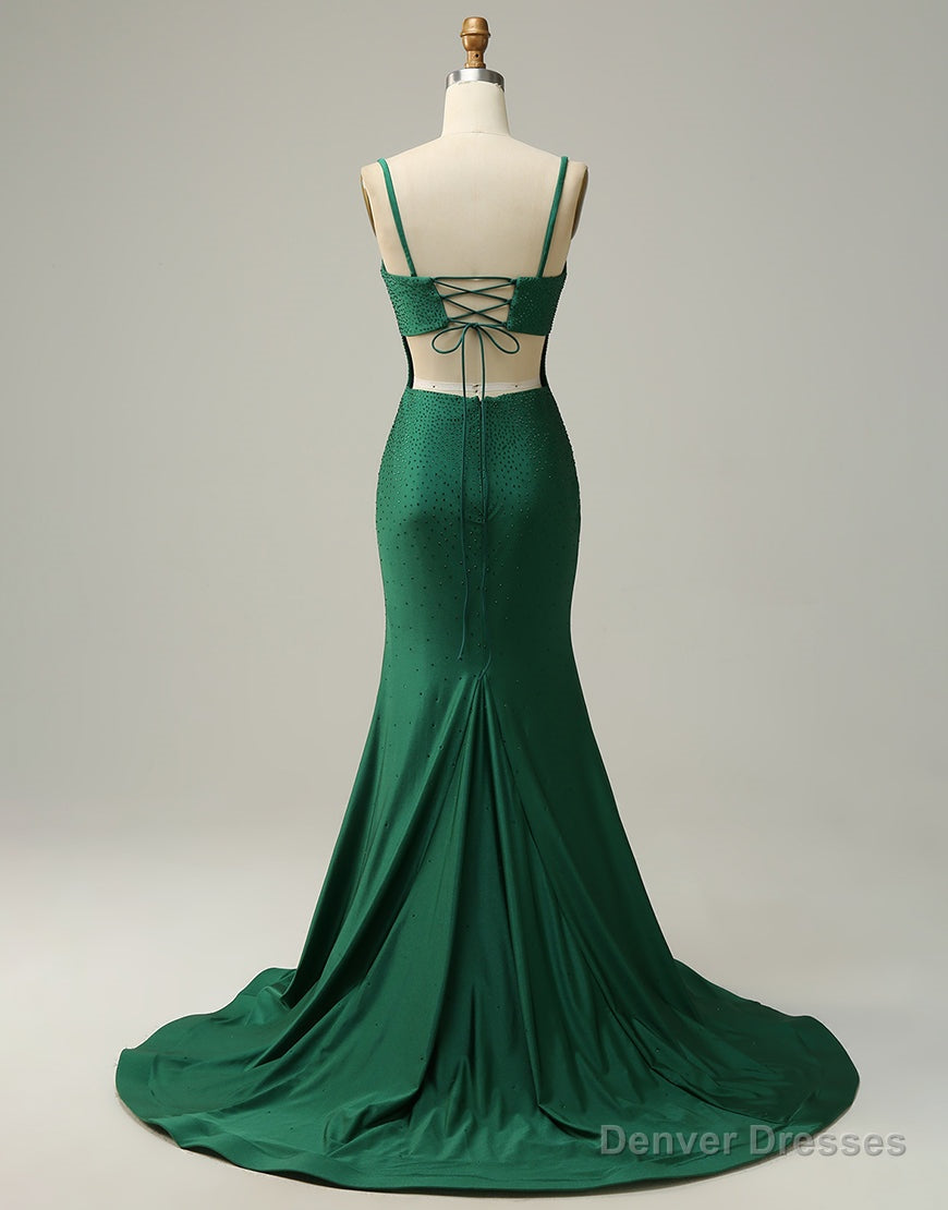 Dark Green Spaghetti Straps Corset back Prom Dress With Split