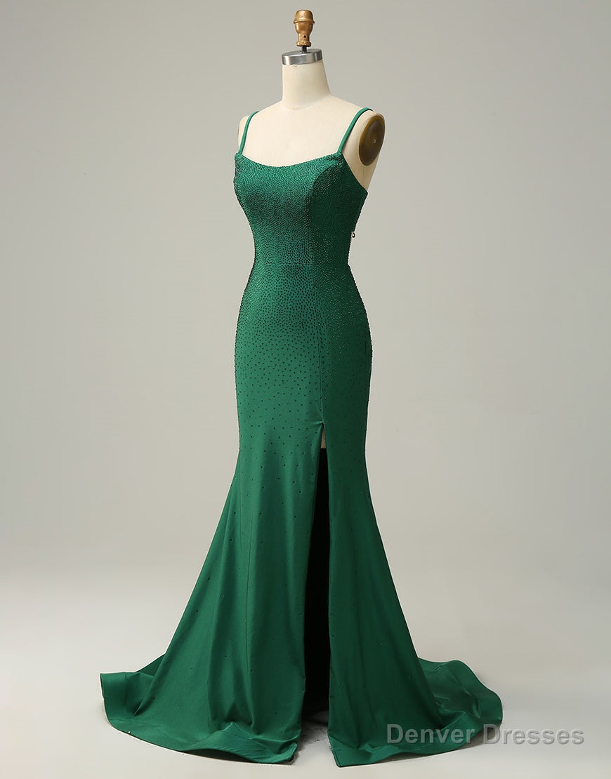 Dark Green Spaghetti Straps Corset back Prom Dress With Split Secondary image