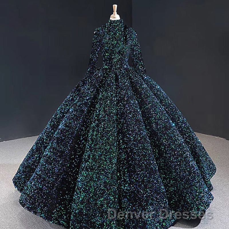 Glitter High Neck Open Back Lace Up Ball Gown Prom Dress