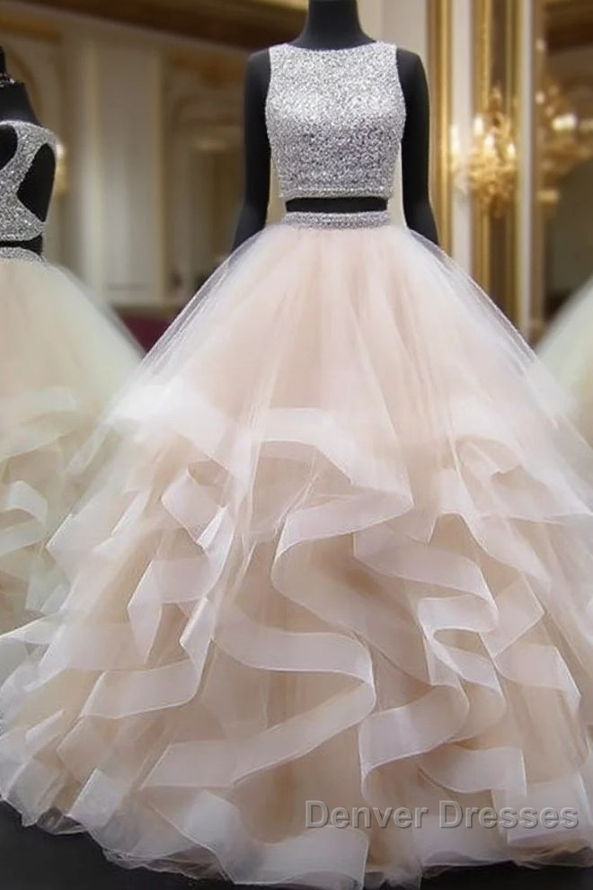 Crop Top Princess Ruffles Skirt Two Piece Prom Dress Long Ball Gown
