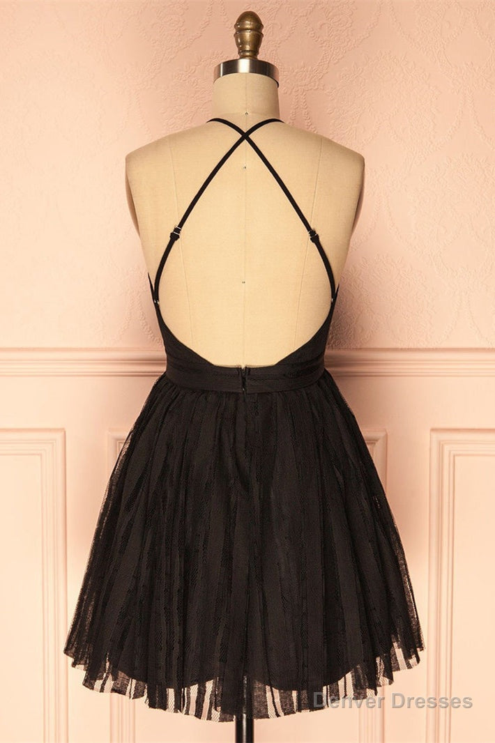 Deep V Neck Short Black Tulle Homecoming Dress Secondary image
