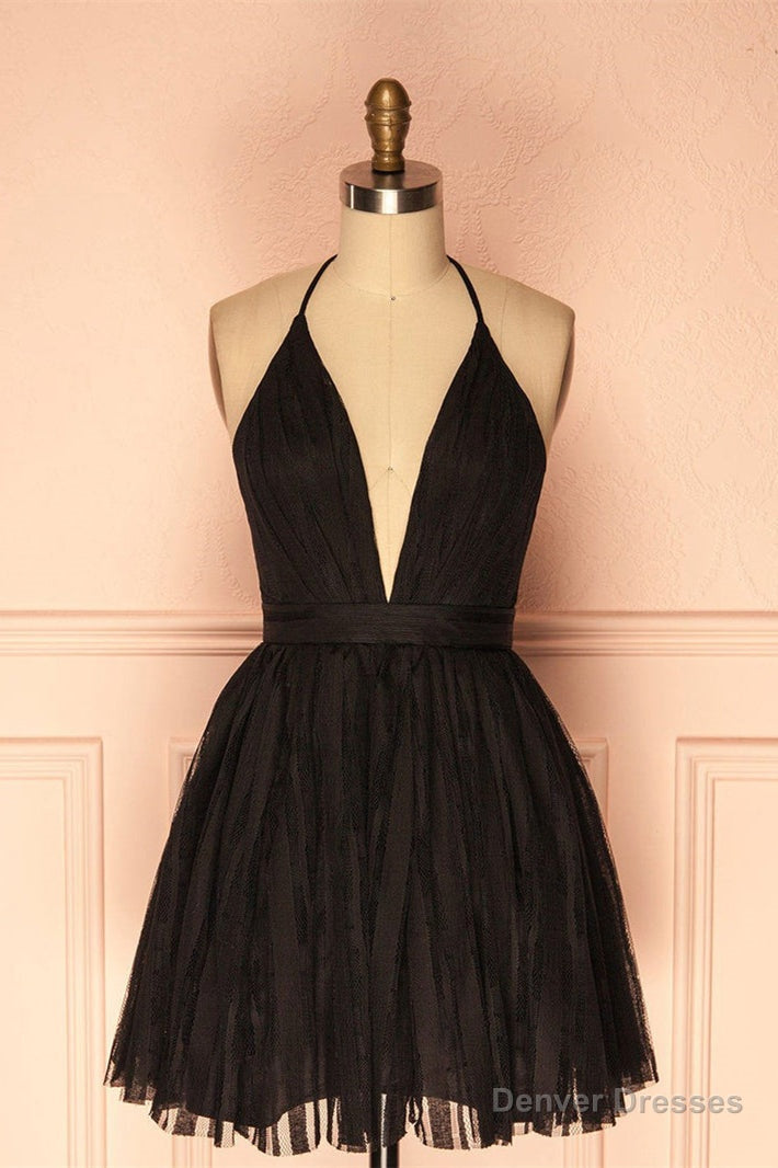 Deep V Neck Short Black Tulle Homecoming Dress Main image