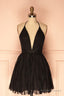 Deep V Neck Short Black Tulle Homecoming Dress