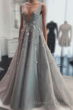 Deep V Neck Sleeveless Prom Dress Long Party Gown with Appliques