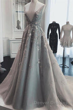 Deep V Neck Sleeveless Prom Dress Long Party Gown with Appliques