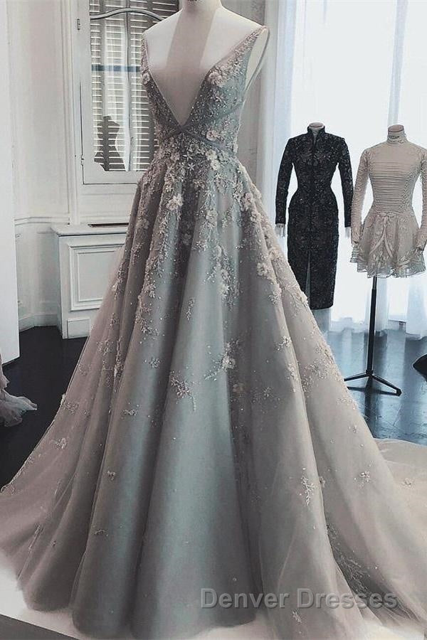 Deep V Neck Sleeveless Prom Dress Long Party Gown with Appliques