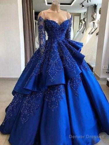 Sparkly Beading Ball Gown Satin Royal Blue Prom Dress with Sleeves Quinceanera Dress