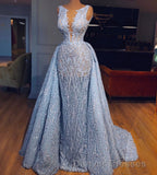 Elegant Blue Lace Sleeveless Deep V Neck Prom Dress Party Dress