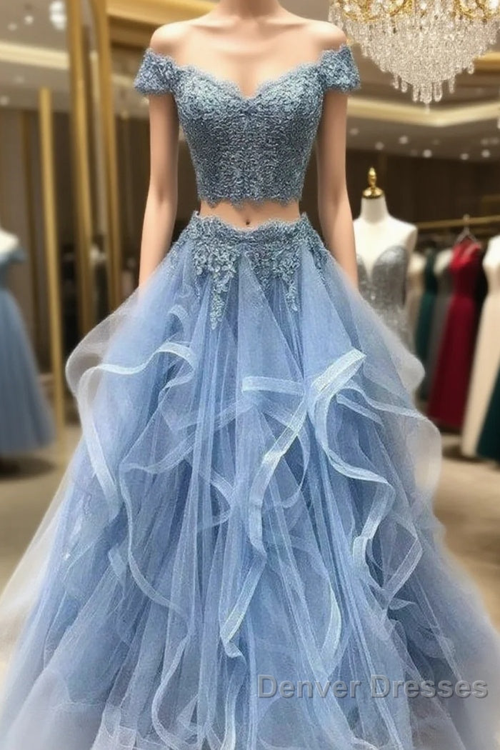 Dusty Blue Two Piece Off Shoulders Ruffles Skirt Prom Dress Main image