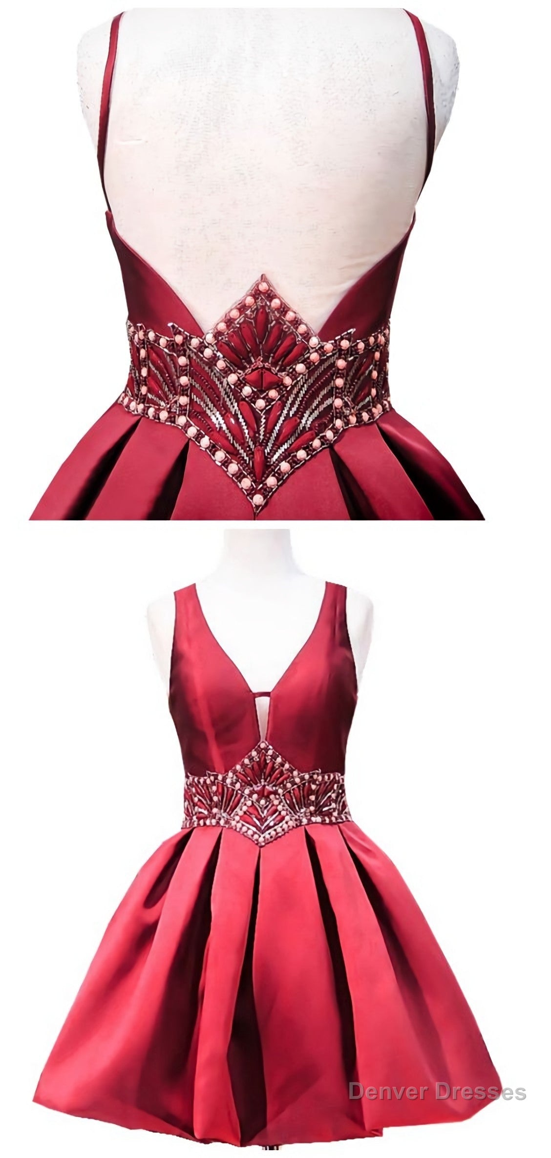 Sweet A Line V Neck Sheer Back Beaded Crystals 8Th Grade Prom Dresses, Short Burgundy Party Homecoming Dress, E0983 Main image