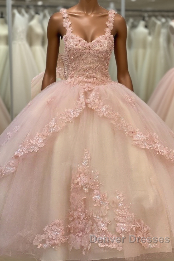 Quinceanera Sweet Tulle Ball Gown 16 Lace Pink Party Flower Sparkly Prom Dress Main image
