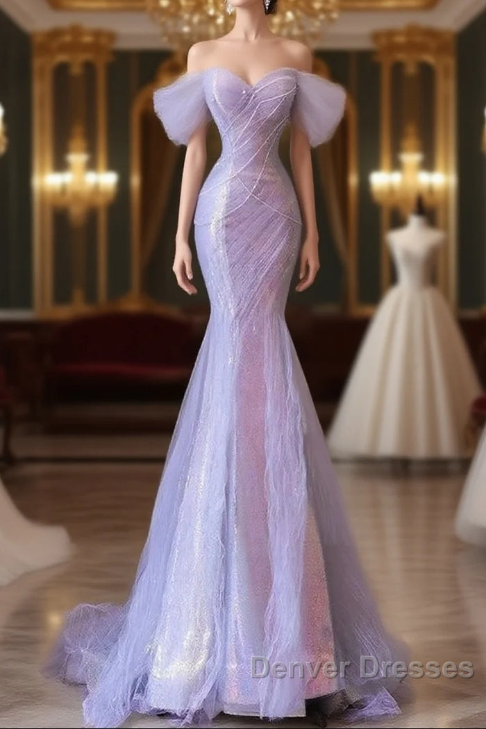 Purple Sweetheart Sequin Beaded Mermaid Long Prom Dress,Purple Tulle Train Prom Gown Main image