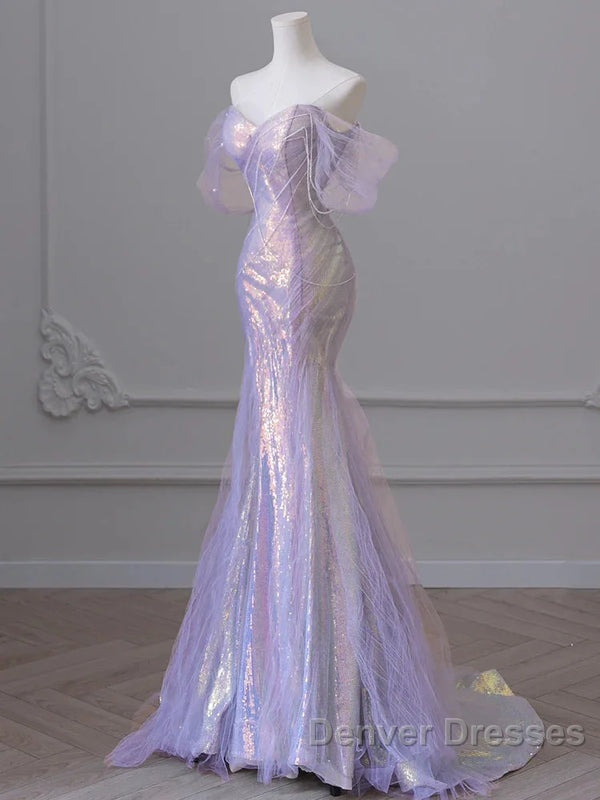 Purple Sweetheart Sequin Beaded Mermaid Long Prom Dress,Purple Tulle Train Prom Gown Secondary image