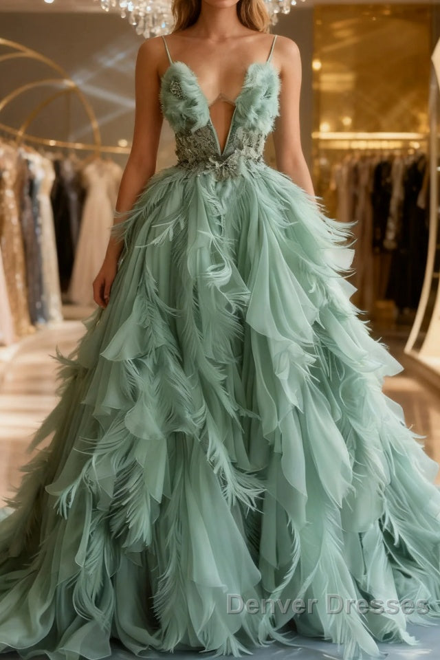 Mint Green A-line Spaghetti Strap Tulle Long Prom Dress, Elegant Evening Dress