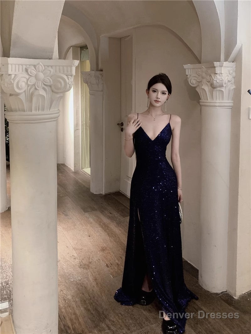 Navy Blue Spaghetti Strap A-Line V-Neck Sequined Long Prom Dress, Adult Ceremony Graduation Evening dress Main image