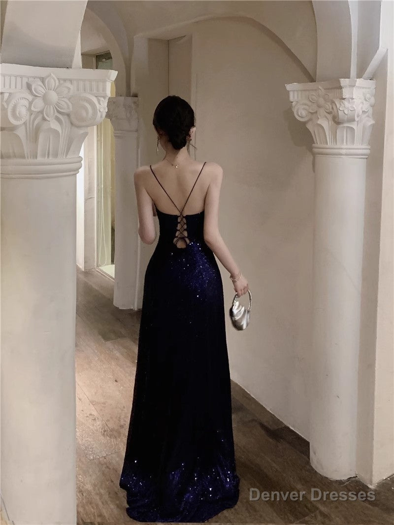 Navy Blue Spaghetti Strap A-Line V-Neck Sequined Long Prom Dress, Adult Ceremony Graduation Evening dress