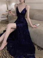 Navy Blue Spaghetti Strap A-Line V-Neck Sequined Long Prom Dress, Adult Ceremony Graduation Evening dress