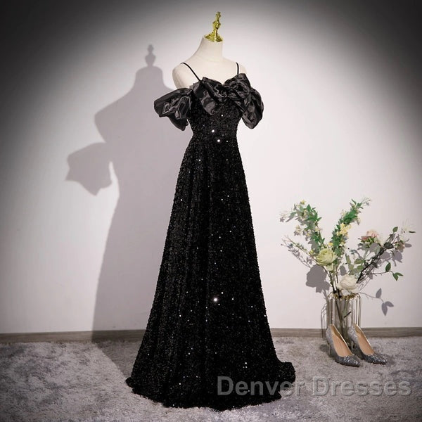 A-Line Off Shoulder Velvet Sequin Long Black Prom Dress, Black Long Evening Dress Secondary image