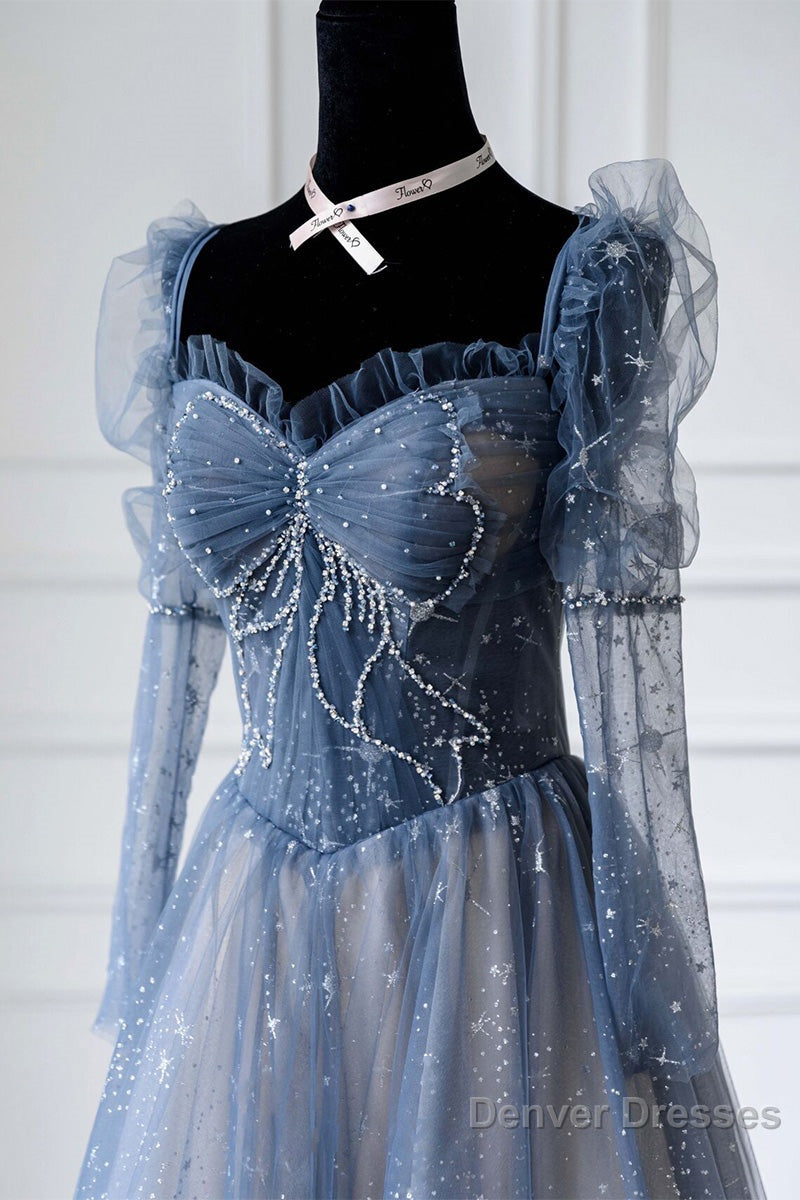 Blue Sparkly Tulle Prom Dress with Long Sleeves, New Style Long Dress with Beading