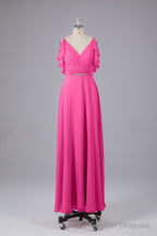 Elegant Chiffon Straps V-Back Long Bridesmaid Dresses