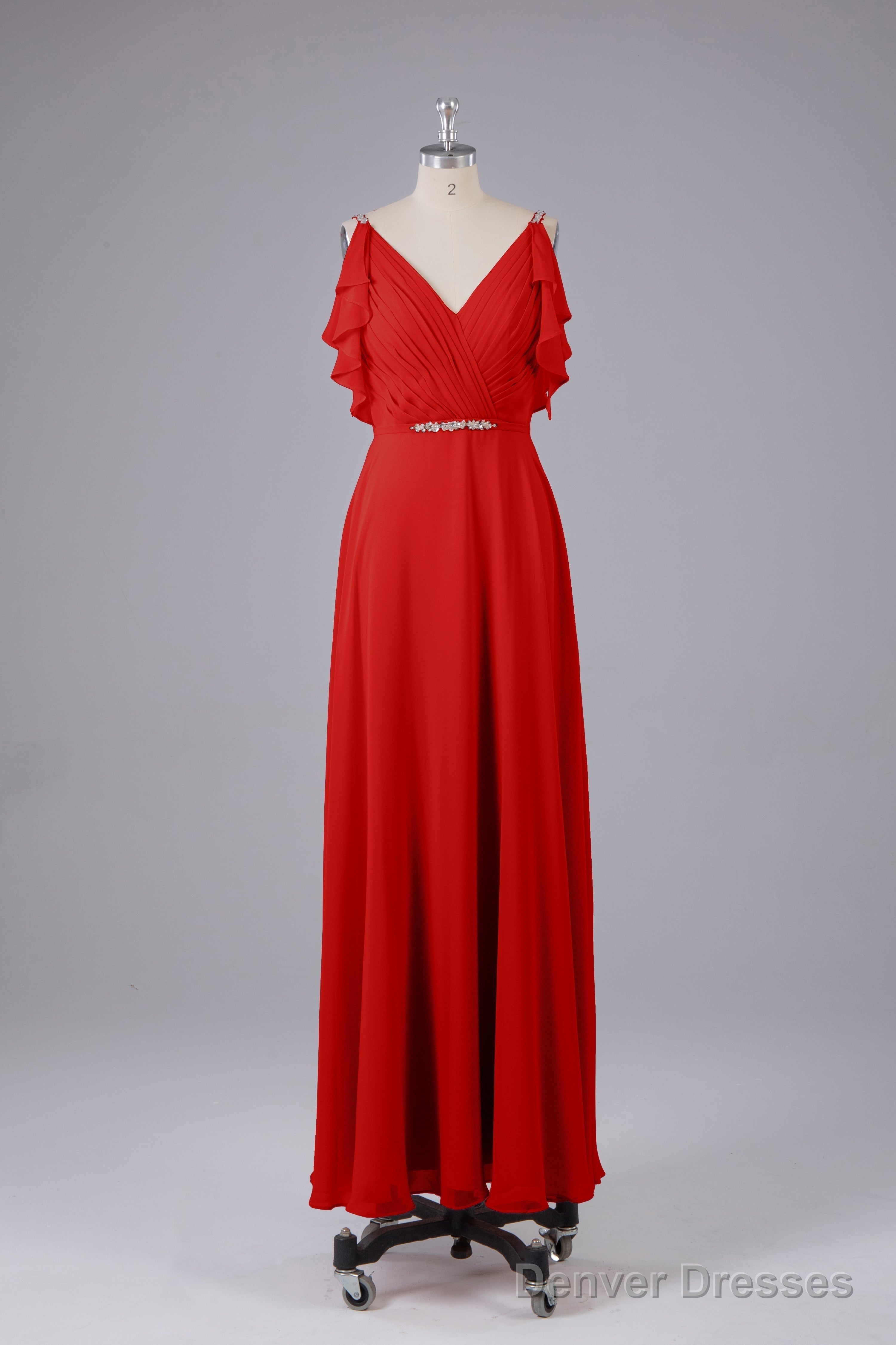 Elegant Chiffon Straps V-Back Long Bridesmaid Dresses