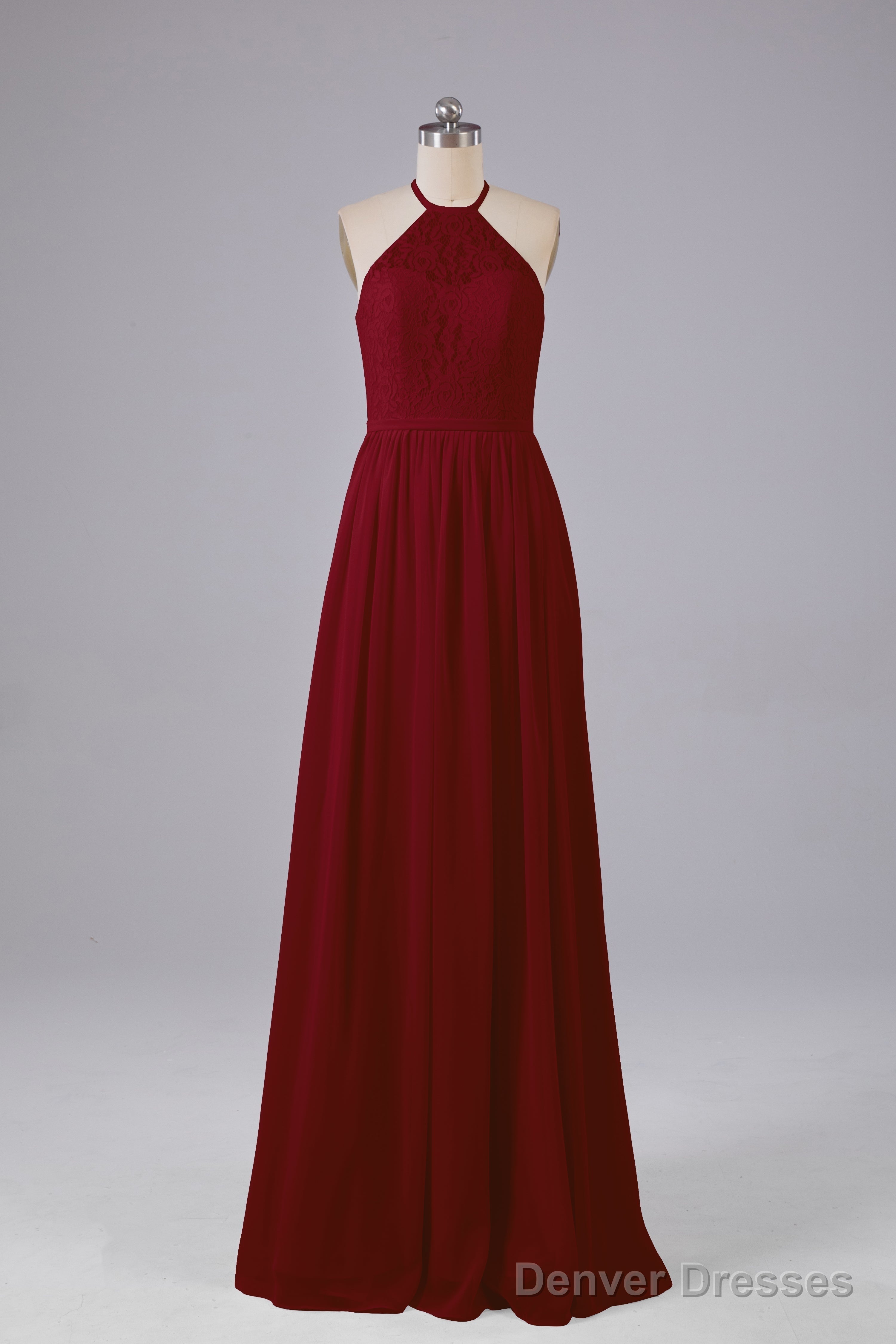 Elegant Keyhole Halter Lace Long Bridesmaid Dresses